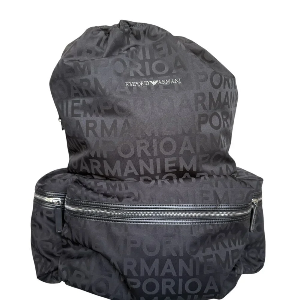 New‎ Emporio Armani Black Nylon oversized Drawstring Logo Backpack